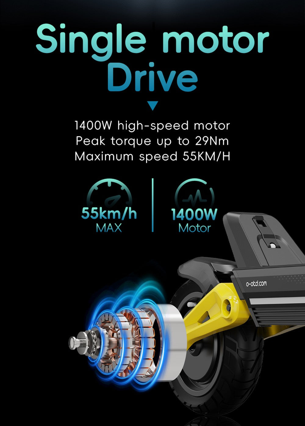 Elektromobilná kolobežka OOTD S10, motor 1400 W, 10-palcové pneumatiky, batéria 48 V 20 Ah, maximálna rýchlosť 55 km/h, dojazd 60-70 km, kotúčové brzdy, predné a zadné odpruženie.