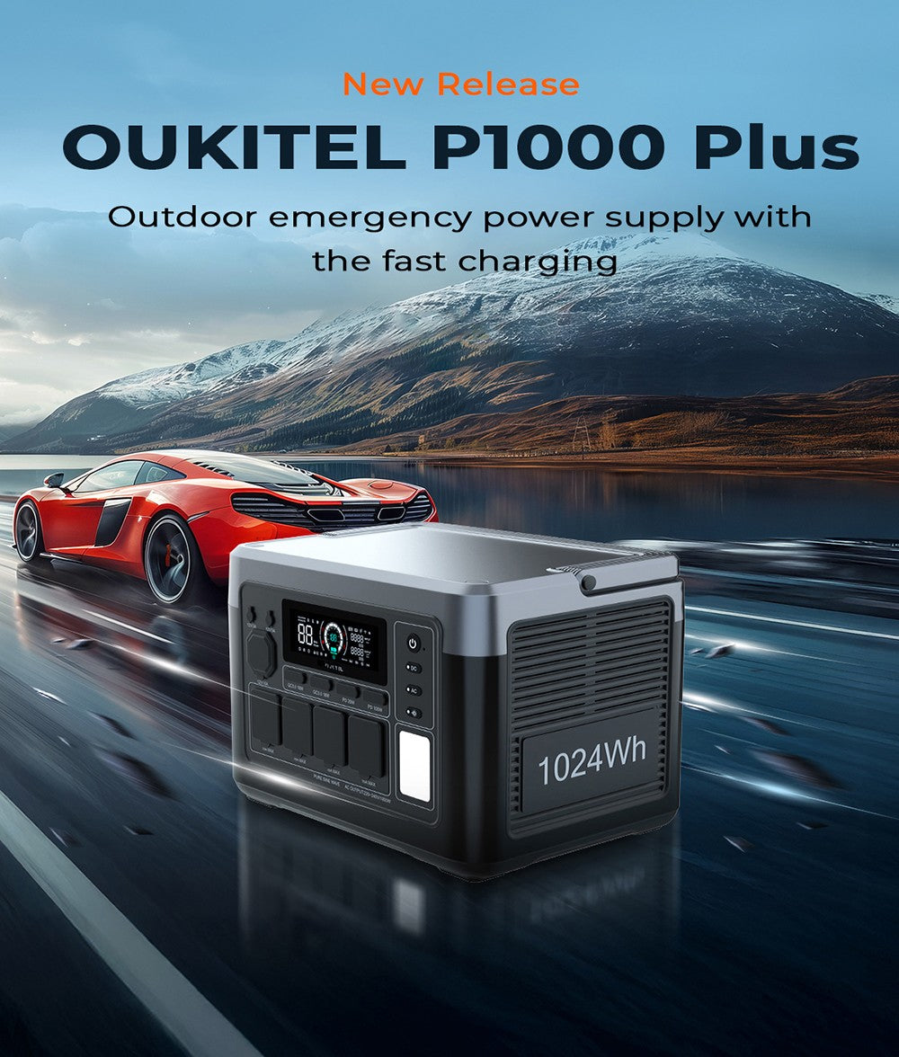 Prenosná elektráreň OUKITEL P1000 PLUS, 1800 W 1024 Wh solárny generátor s LiFePO4 batériou, rýchle nabíjanie, inteligentné ovládanie cez aplikáciu pre vonkajšie použitie, karavány, záložný zdroj pre domácnosť a núdzové situácie.