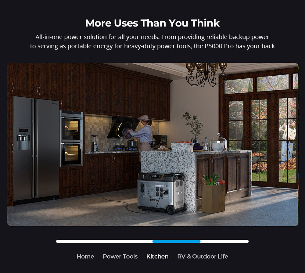 Prenosná elektráreň OUKITEL P5000 Pro, 5120Wh LiFePO4 batéria, 4000W AC výstup, inteligentná regulácia teploty, dvojitý 100W USB-C, bezproblémové UPS zálohovanie batérie, 15 výstupov, ovládanie cez aplikáciu, s kolieskami