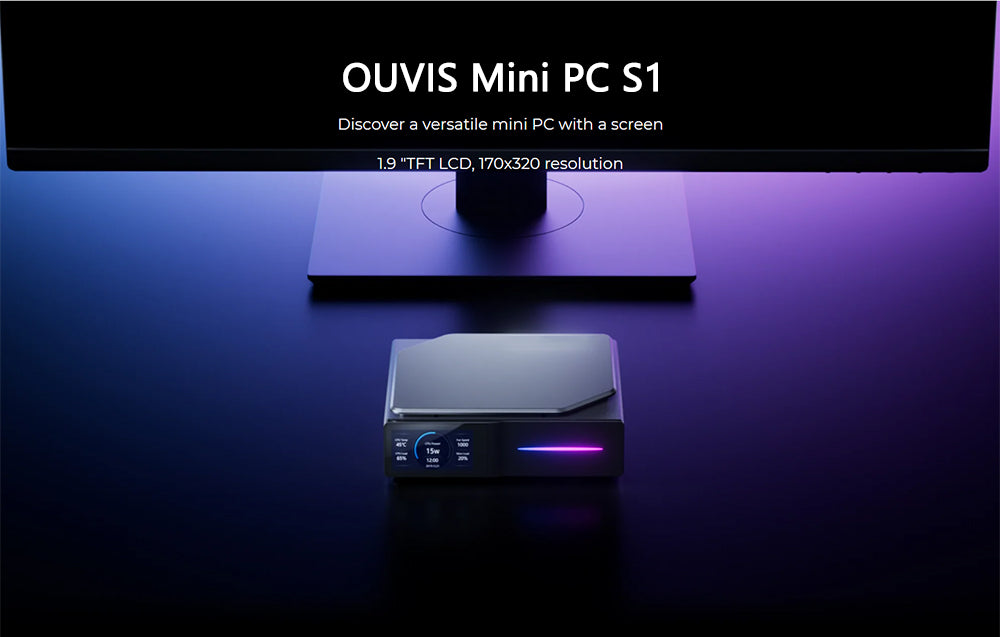 (Vylepšená verzia 2024) Mini PC OUVIS S1 s LCD obrazovkou a RGB podsvietením, Intel Alder Lake N95 4 jadrá až 3,4 GHz, 16 GB RAM, 512 GB SSD, 2× HDMI 2.0 4K HD duálny displej, WiFi 5 Bluetooth 4.2, 2× USB 3.0, 2× USB 2.0, 2× RJ45 – EU zástrčka