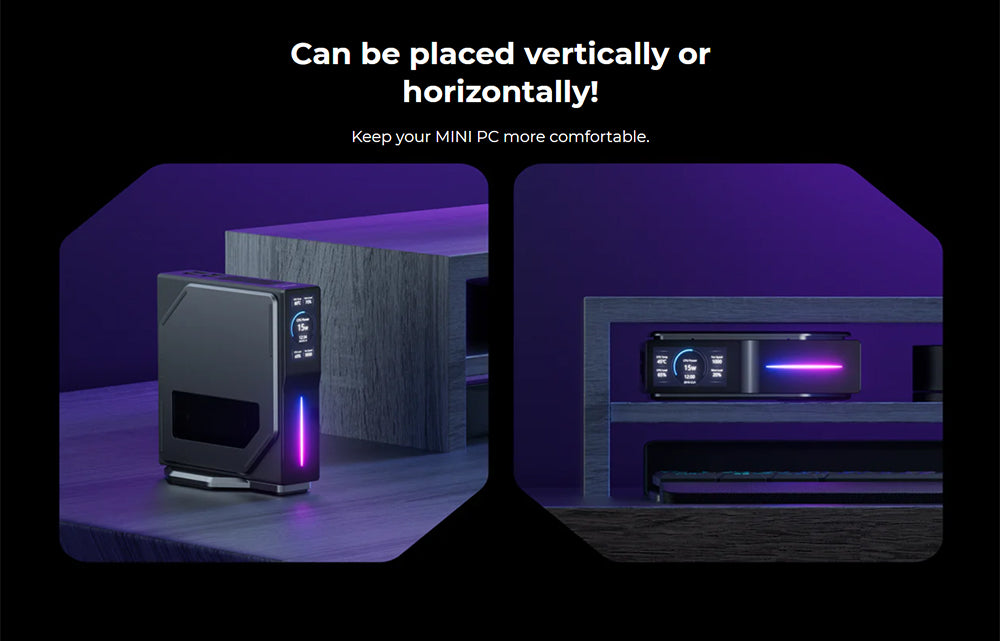 (Vylepšená verzia 2024) Mini PC OUVIS S1 s LCD obrazovkou a RGB podsvietením, Intel Alder Lake N95 4 jadrá až 3,4 GHz, 16 GB RAM, 512 GB SSD, 2× HDMI 2.0 4K HD duálny displej, WiFi 5 Bluetooth 4.2, 2× USB 3.0, 2× USB 2.0, 2× RJ45 – EU zástrčka