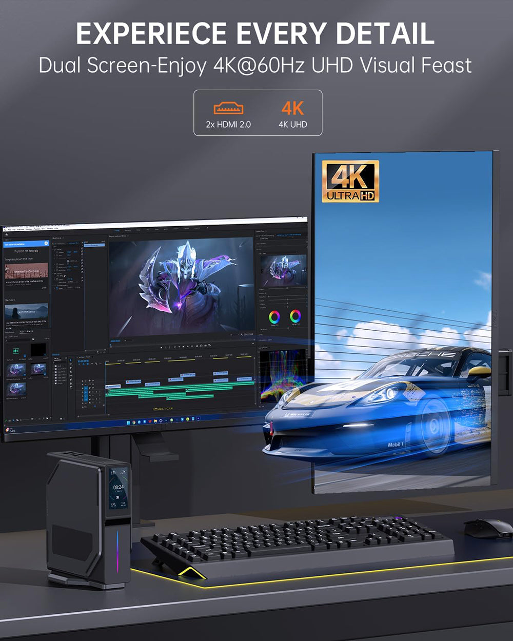 (Vylepšená verzia 2024) Mini PC OUVIS S1 s LCD obrazovkou a RGB podsvietením, Intel Alder Lake N95 4 jadrá až 3,4 GHz, 16 GB RAM, 512 GB SSD, 2×HDMI 2.0 4K HD duálny displej, WiFi 5 Bluetooth 4.2, 2×USB 3.0, 2×USB 2.0, 2×RJ45 - EU zástrčka