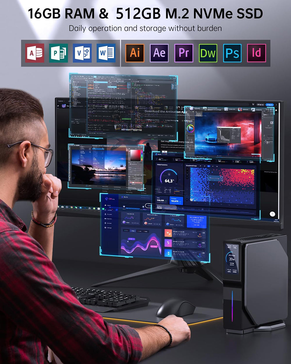 (Vylepšená verzia 2024) Mini PC OUVIS S1 s LCD obrazovkou a RGB podsvietením, Intel Alder Lake N95 4 jadrá až 3,4 GHz, 16 GB RAM, 512 GB SSD, 2×HDMI 2.0 4K HD duálny displej, WiFi 5 Bluetooth 4.2, 2×USB 3.0, 2×USB 2.0, 2×RJ45 - EU zástrčka