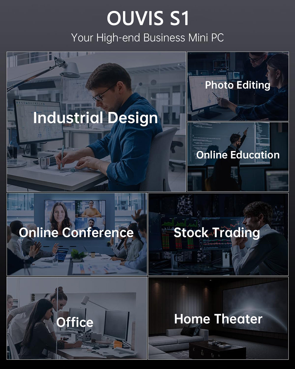 (Vylepšená verzia 2024) Mini PC OUVIS S1 s LCD obrazovkou a RGB podsvietením, Intel Alder Lake N95 4 jadrá až 3,4 GHz, 16 GB RAM, 512 GB SSD, 2× HDMI 2.0 4K HD duálny displej, WiFi 5 Bluetooth 4.2, 2× USB 3.0, 2× USB 2.0, 2× RJ45 – EU zástrčka