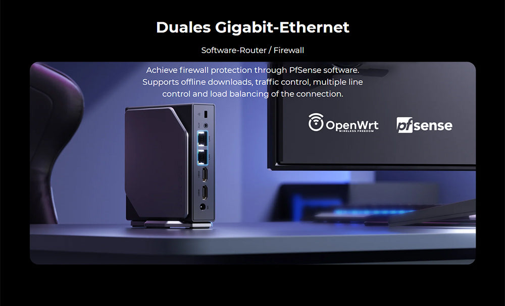 (Vylepšená verzia 2024) Mini PC OUVIS S1 s LCD obrazovkou a RGB podsvietením, Intel Alder Lake N95 4 jadrá až 3,4 GHz, 16 GB RAM, 512 GB SSD, 2× HDMI 2.0 4K HD duálny displej, WiFi 5 Bluetooth 4.2, 2× USB 3.0, 2× USB 2.0, 2× RJ45 – EU zástrčka