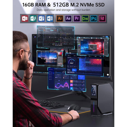 (2024 Upgraded Version) OUVIS S1 Mini PC with LCD Screen RGB Light, Intel Alder Lake N95 4 Cores Up to 3.4GHz, 16GB RAM 512GB SSD, 2*HDMI 2.0 4K HD Dual Display, WiFi 5 Bluetooth 4.2, 2*USB 3.0 2*USB 2.0 2*RJ45 - EU Plug