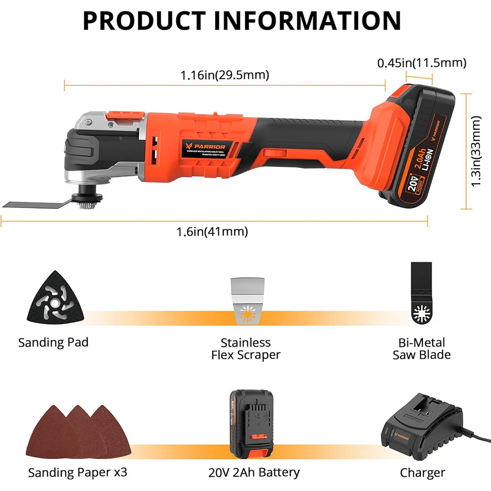 Parrior CMC11 20V oscilačná píla, LED svetlo, 6 variabilných otáčok, 8000-20000 ot./min, oscilačný uhol 3,2°, 2Ah batéria, na rezanie, brúsenie, stieranie, leštenie