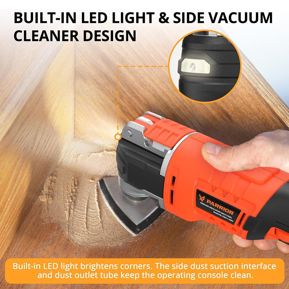 Parrior CMC11 20V oscilačná píla, LED svetlo, 6 variabilných otáčok, 8000-20000 ot./min, oscilačný uhol 3,2°, 2Ah batéria, na rezanie, brúsenie, stieranie, leštenie