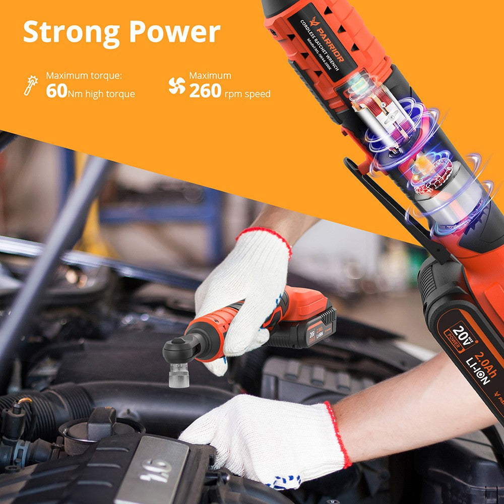 Parrior IW44 20V akumulátorový elektrický rázový kľúč, max. krútiaci moment 60 Nm, otáčky 260 ot/min, vstupné napätie 20 V, s 2000 mAh lítiovou batériou