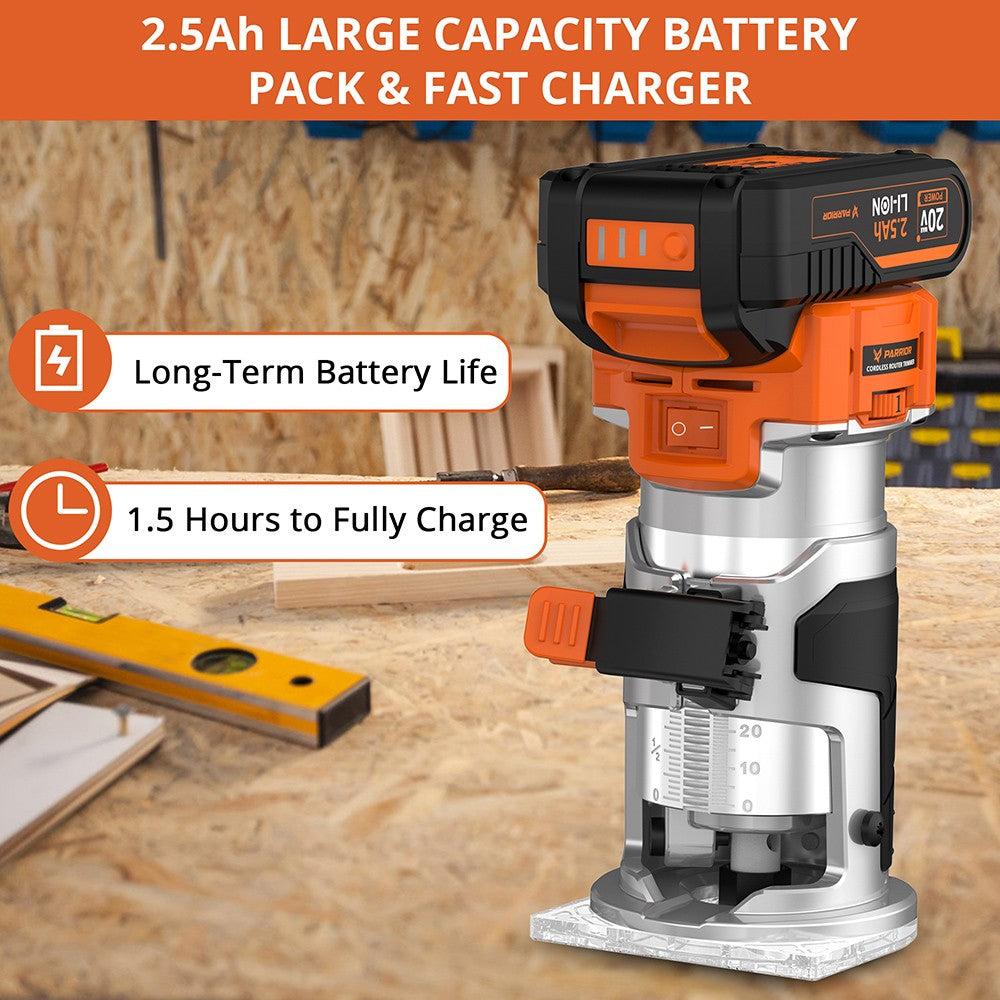 Parrior PR01 20V akumulátorový frézovací stroj, s 2,5Ah batériou, 6 digitálnymi otáčkami od 10000-30000 ot/min, LED osvetlením