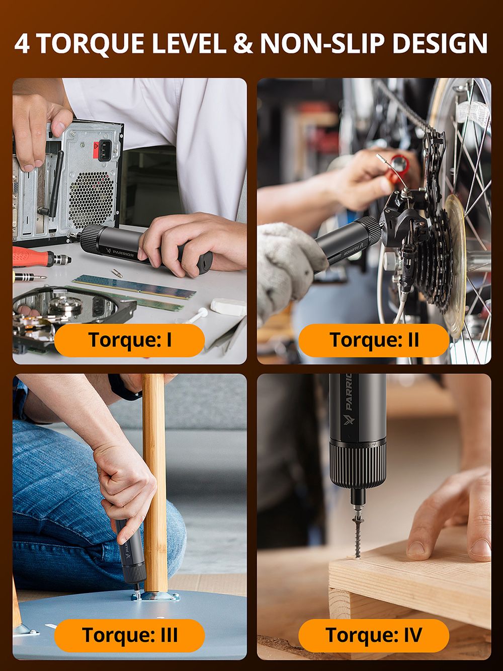 Parrior S121 4V elektrický akumulátorový šrobovák, max. krútiaci moment 8 N.m s 4 úrovňami ovládania, dobíjacia 2200mAh batéria, LED pracovné svetlo, otáčky 260 ot/min