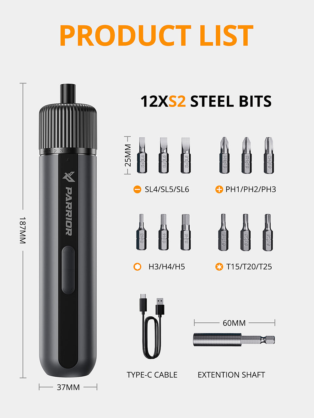 Parrior S121 4V elektrický akumulátorový šrobovák, max. krútiaci moment 8 N.m s 4 úrovňami nastavenia, dobíjacia 2200mAh batéria, LED pracovné svetlo, otáčky 260 ot/min