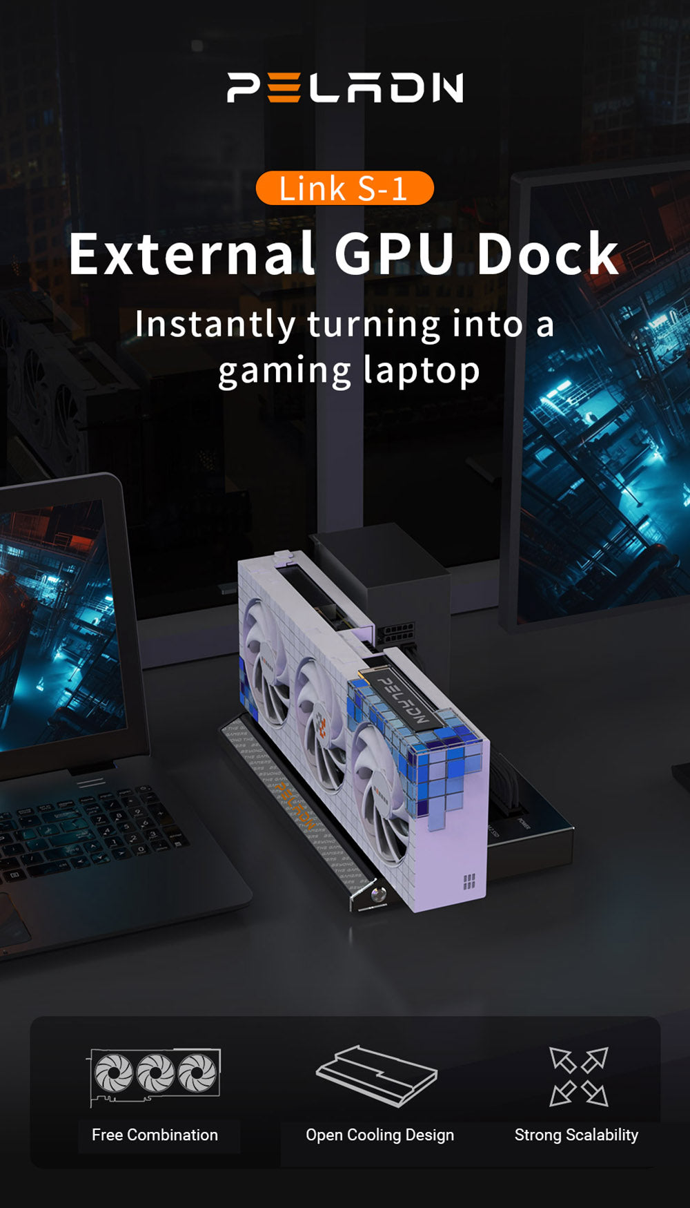 PELADN Link S-1 eGPU Dock, 2x Thunderbolt 3, 1x 1000M LAN, 1x M.2 2280 NVME SSD, 40Gbps prenosová rýchlosť, kompatibilný s ATX/SFX zdrojom.