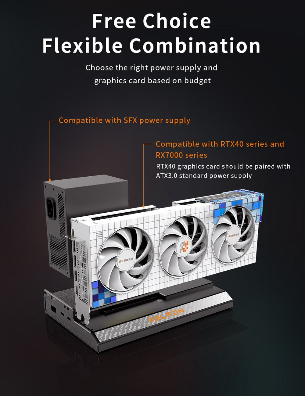 PELADN Link S-1 eGPU Dock, 2x Thunderbolt 3, 1x 1000M LAN, 1x M.2 2280 NVME SSD, 40Gbps prenosová rýchlosť, kompatibilný s ATX/SFX zdrojom.