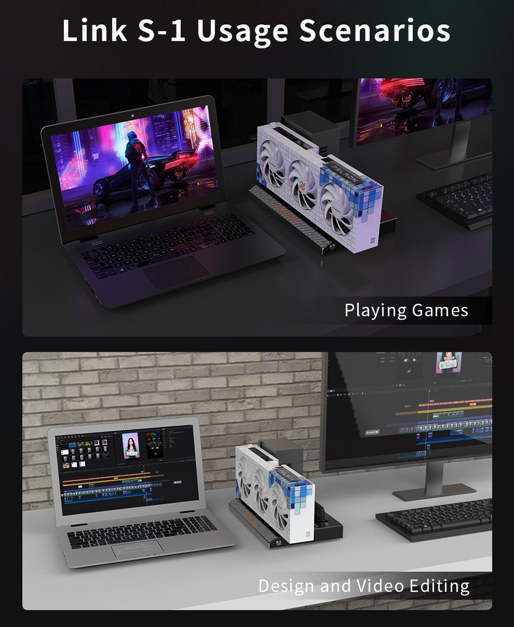 PELADN Link S-1 eGPU Dock, 2x Thunderbolt 3, 1x 1000M LAN, 1x M.2 2280 NVME SSD, 40Gbps prenosová rýchlosť, kompatibilný s ATX/SFX zdrojom.