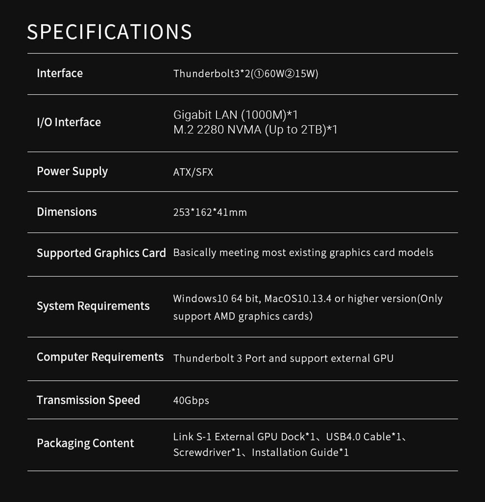 PELADN Link S-1 eGPU Dock, 2x Thunderbolt 3, 1x 1000M LAN, 1x M.2 2280 NVME SSD, 40Gbps prenosová rýchlosť, kompatibilný s ATX/SFX zdrojom.