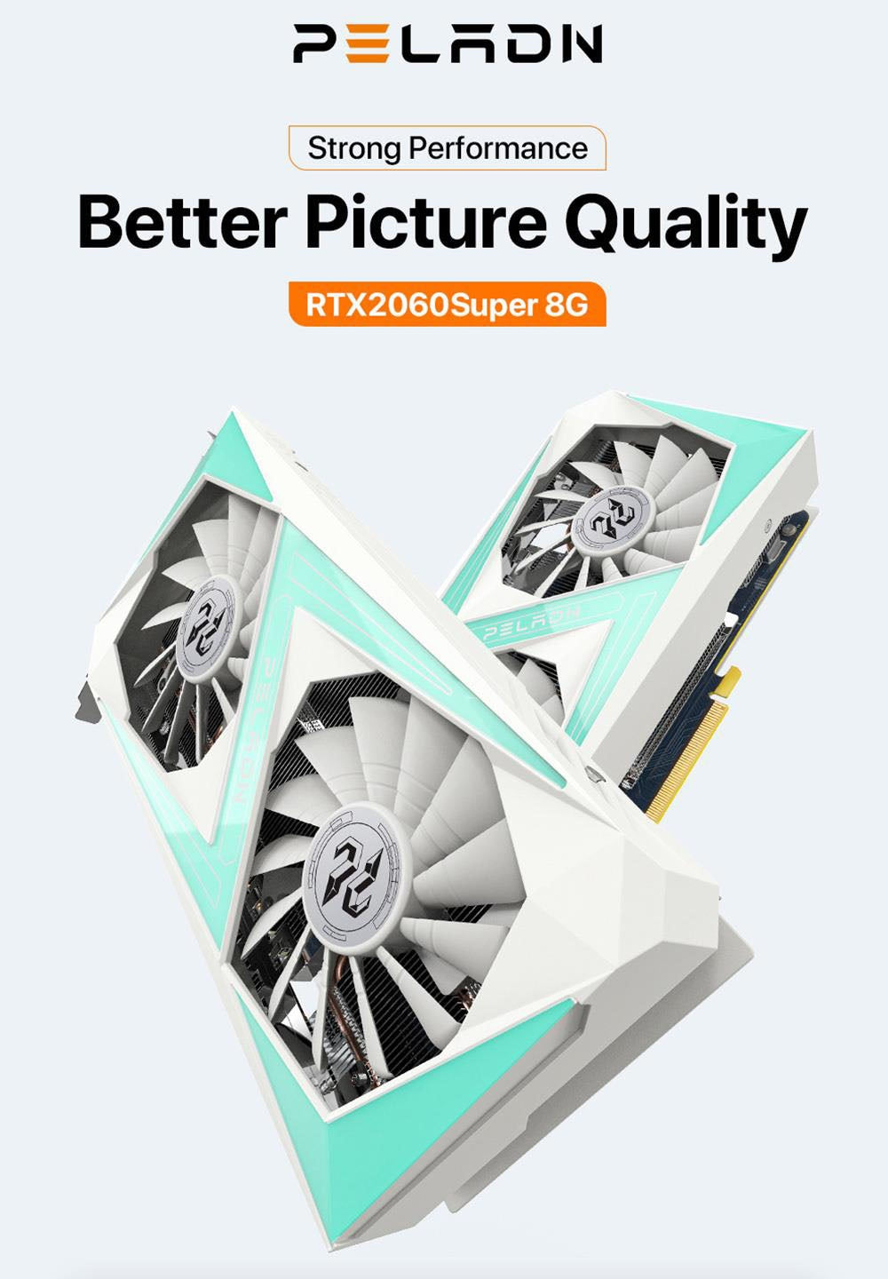 Herná grafická karta PELADN RTX2060 SUPER, 8GB GDDR6 RAM, 8Pin 128Bits, dvojitý ventilátor, PCI Express 3.0, 3xDP 1xHDMI - biela