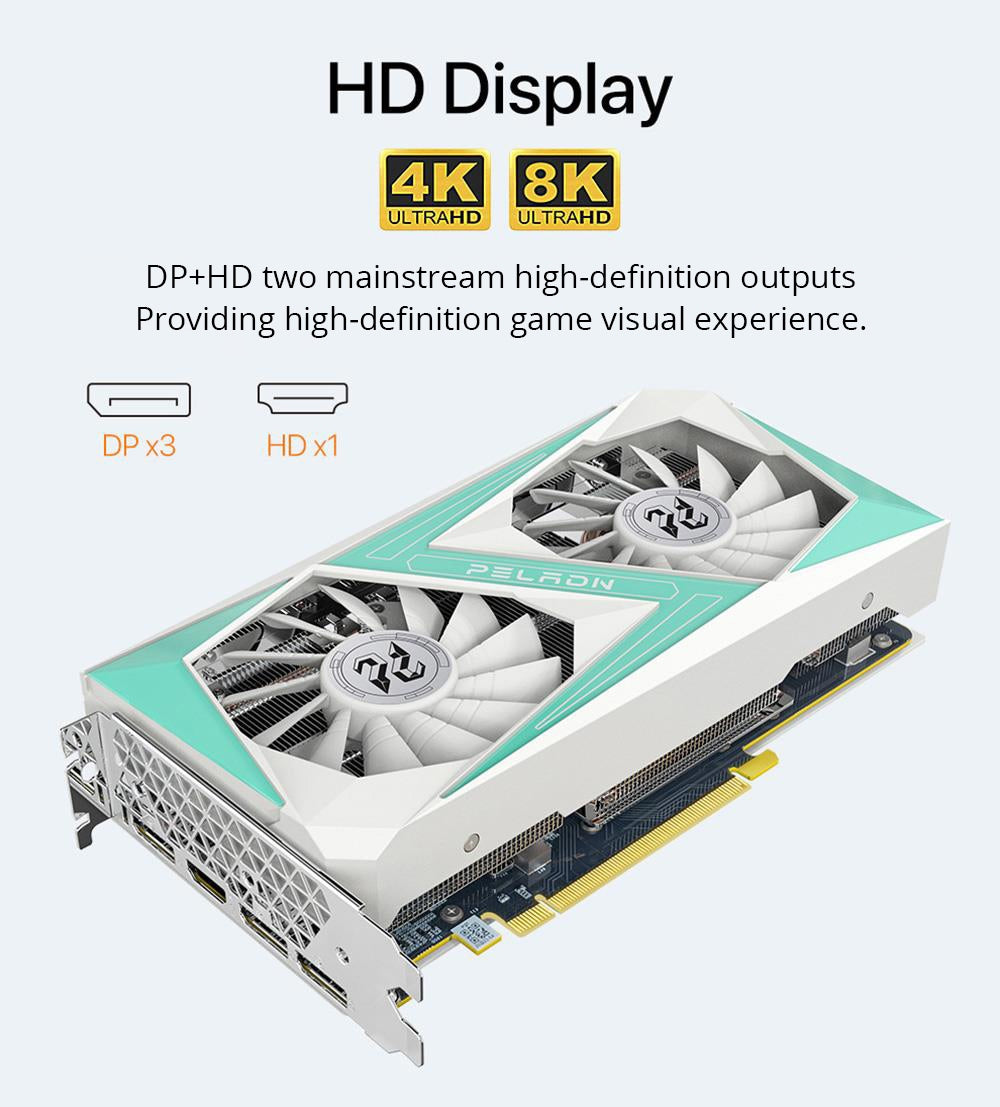 Herná grafická karta PELADN RTX2060 SUPER, 8GB GDDR6 RAM, 8Pin 128Bits, dvojitý ventilátor, PCI Express 3.0, 3xDP 1xHDMI - biela