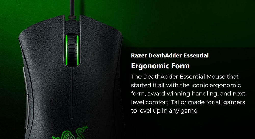 Herná myš Razer DeathAdder Essential, 6400 DPI optický senzor, 5 programovateľných tlačidiel, mechanické spínače, gumové bočné úchopné plochy – čierna