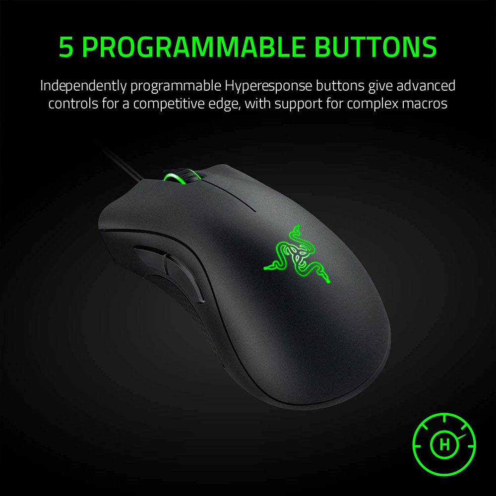 Herná myš Razer DeathAdder Essential, 6400 DPI optický senzor, 5 programovateľných tlačidiel, mechanické spínače, gumové bočné úchopné plochy – čierna