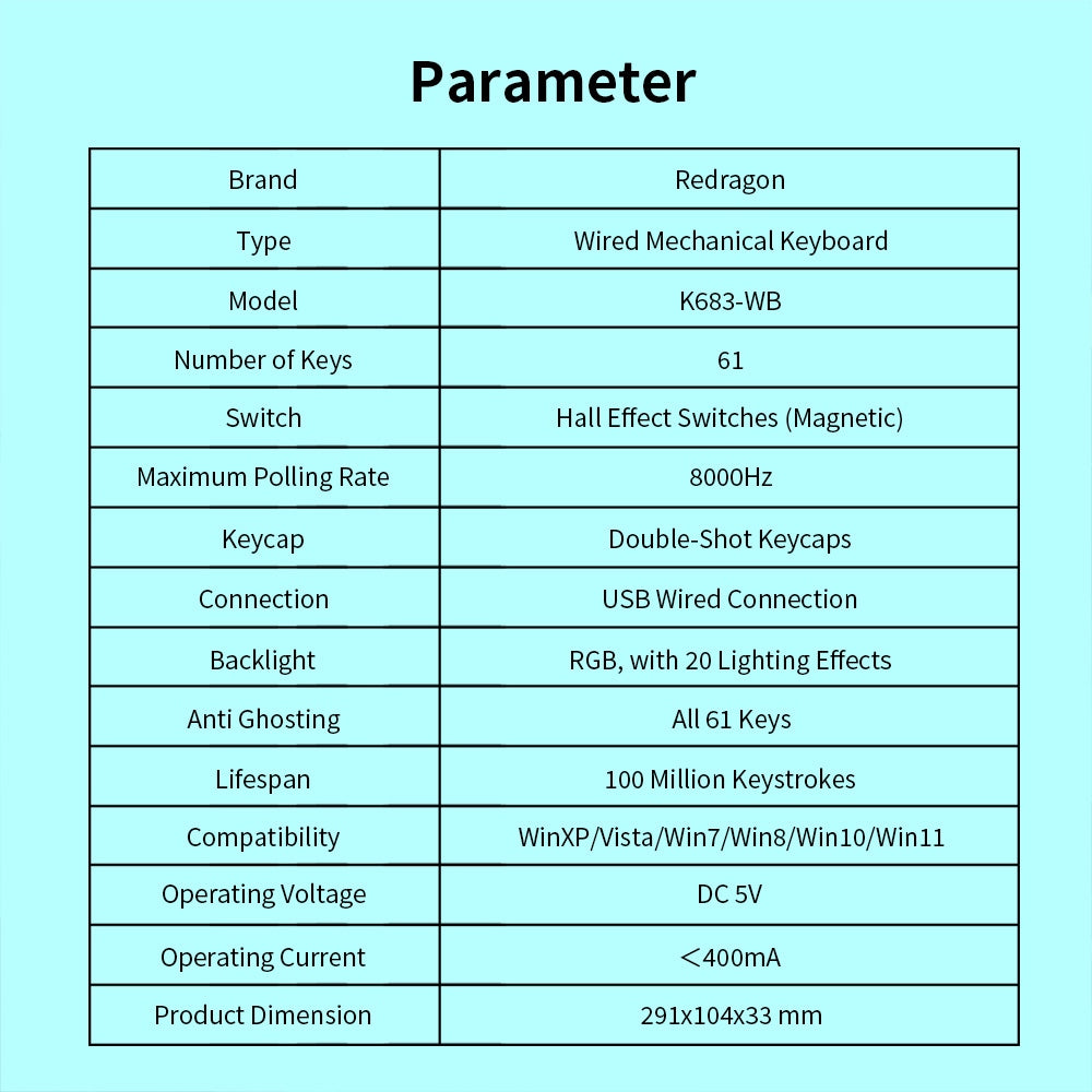 Redragon K683WB-RGB drôtová mechanická klávesnica, 87 kláves, nastavitelné magnetické lineárne spínače, dvojvrstvové PBT klávesy, frekvencia obnovenia 8000 Hz, RGB podsvietenie - biela zelená