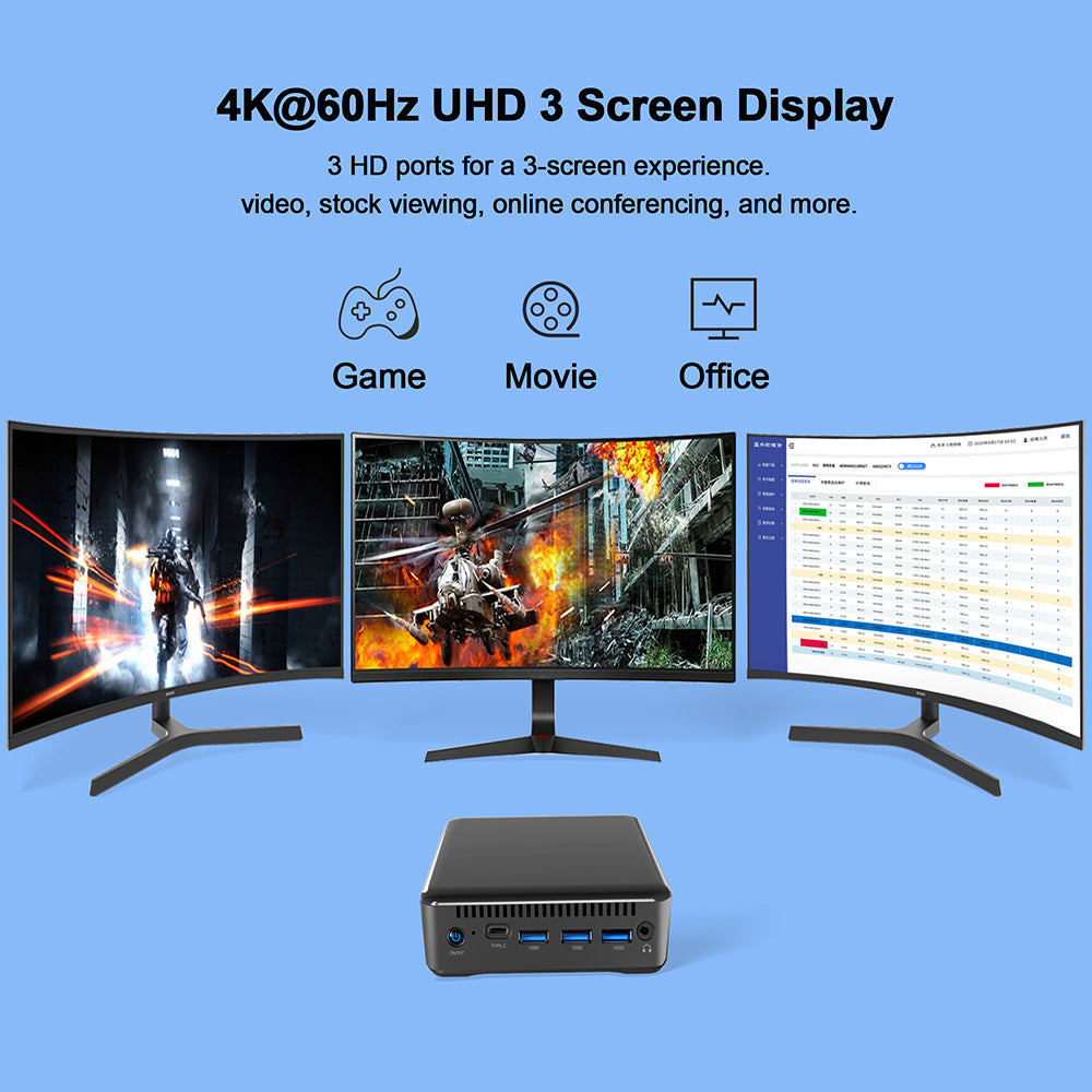 Mini PC RUPA HSI-95, Intel N95 4 jadier, max. 3,4 GHz, 8 GB RAM, 256 GB SSD, 3× HDMI 4K 60 Hz, trojité zobrazenie, WiFi 6, Bluetooth 5.2, 3× USB 3.0, 1× Type-C, 1× RJ45, 1× 3,5 mm audio