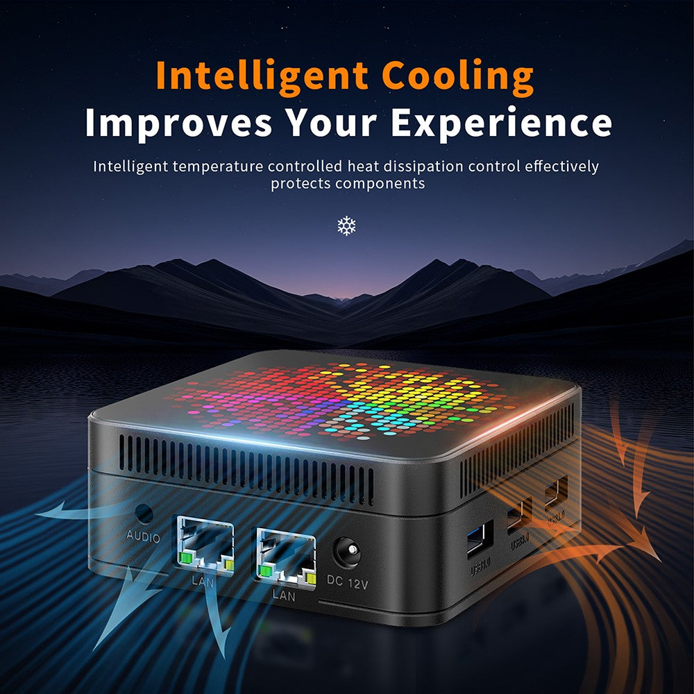 Mini PC RUPA HSI-N95, Intel N95 4 jadier, max. 3,4 GHz, 16 GB RAM, 512 GB SSD, 3× HDMI 4K 60 Hz, trojitý displej, WiFi 5, Bluetooth 5.0, 3× USB 3.0, 2× RJ45, 1× 3,5 mm audio.