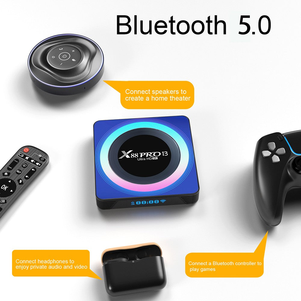 X88 Pro 13 Android 13 TV Box, štvorjadrový procesor RK3528, 2GB RAM, 16GB ROM, podpora dekódovania videa 8K, Bluetooth 5.0, WiFi 6, 1x USB3.0, 1x USB2.0, 1x HDMI, 1x RJ45, 1x Micro SD karta