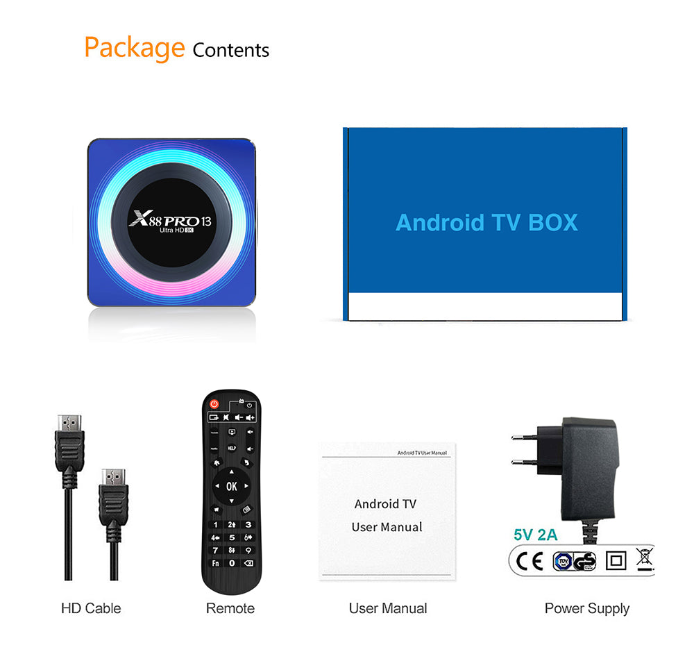 X88 Pro 13 Android 13 TV Box, štvorjadrový procesor RK3528, 2 GB RAM, 16 GB ROM, podpora dekódovania videa 8K, Bluetooth 5.0, WiFi 6, 1×USB3.0, 1×USB2.0, 1×HDMI, 1×RJ45, 1×Micro SD karta
