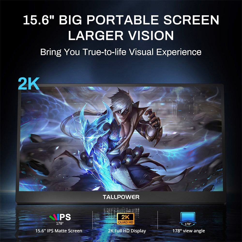 Prenosný monitor TALLPOWER TP-1 s 15,6-palcovým displejom, rozlíšením 1920 x 1080 2K Full HD, obnovovacou frekvenciou 120 Hz, 100% sRGB farebným priestorom, uhlom pohľadu 178°, 2x Type-C 3.1 a 1x HDMI.