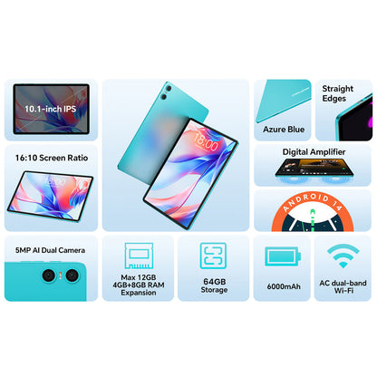 Teclast P30 10.1inch Tablet, Android 14, 4GB RAM 64G ROM, 5MP Al Dual Camera, 1280x800 Resolution, Qcta-Core, 6000mAh Battery, Type-C/GMS/WiFi/Bluetooth/3.5mm Jack
