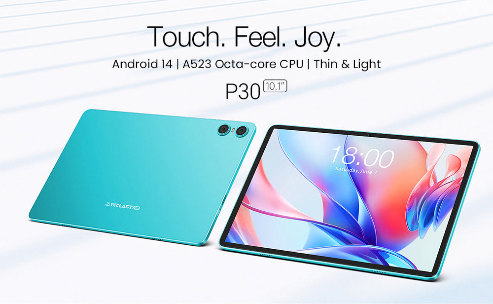 Teclast P30 10,1" tablet, Android 14, 4 GB RAM, 64 GB ROM, 5MP AI duálna kamera, rozlíšenie 1280x800, osemjadrový procesor, batéria 6000 mAh, Type-C/GMS/Wi-Fi/Bluetooth/3,5 mm jack