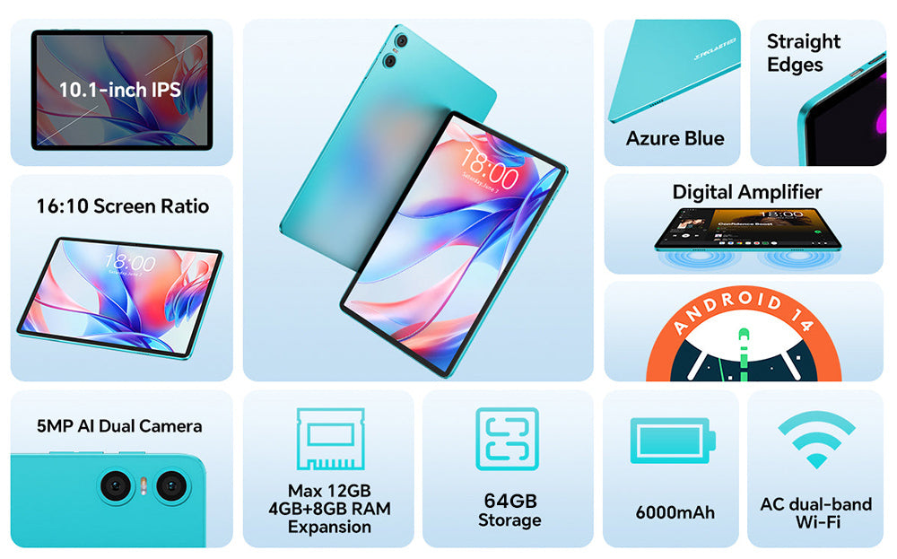 Teclast P30 10,1" tablet, Android 14, 4 GB RAM, 64 GB ROM, 5MP AI duálna kamera, rozlíšenie 1280x800, osemjadrový procesor, batéria 6000 mAh, Type-C/GMS/Wi-Fi/Bluetooth/3,5 mm jack