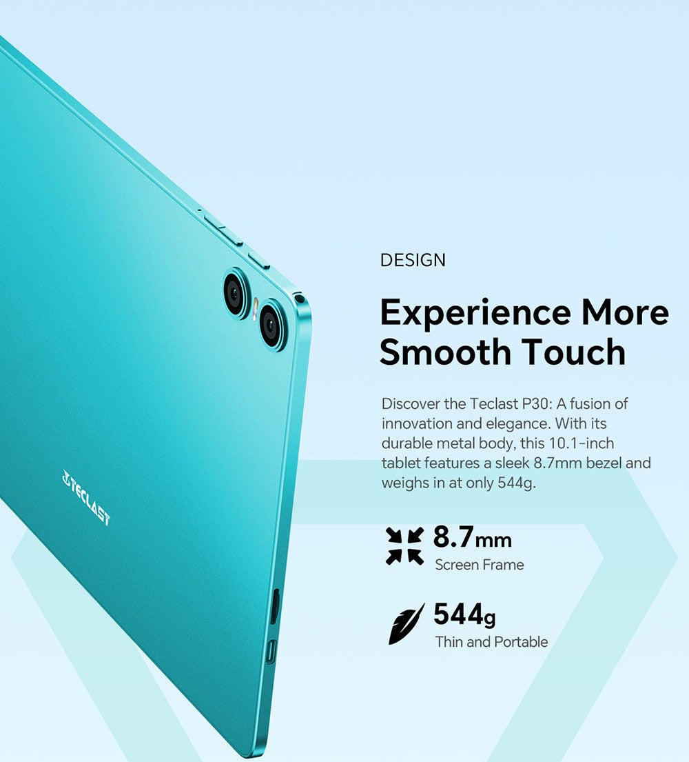 Tablet Teclast P30 s 10,1" displejom, Android 15, 4 GB RAM, 64 GB ROM, 5MP duálna AI kamera, rozlíšenie 1280x800, osemjadrový procesor, batéria 6000 mAh, port Type-C/GMS/Wi-Fi/Bluetooth/3,5 mm jack.