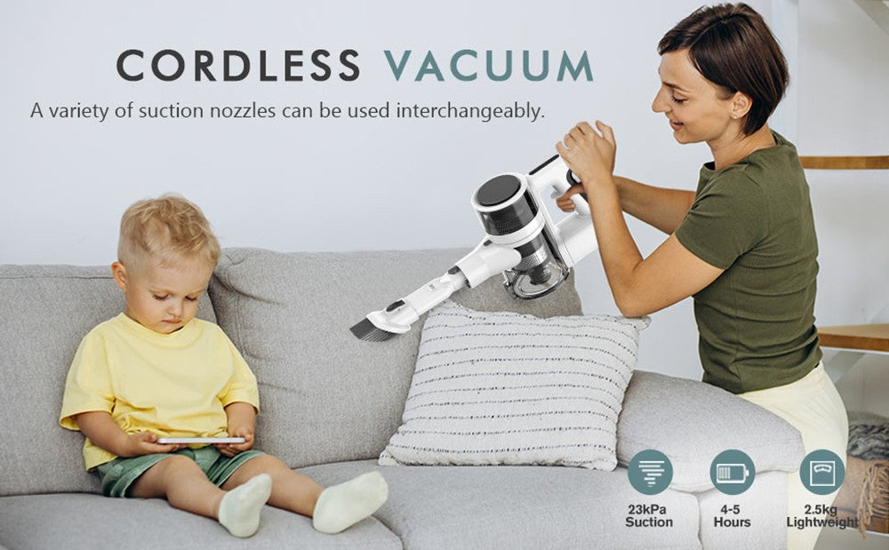 Bezšnúrový vysávač Teendow P11 Pro, sací výkon 126 000 Pa, doba prevádzky 30 minút, batéria 2200 mAh, kapacita nádoby na prach 450 ml, tichý chod ≤75 dB, ideálny na vlasy domácich zvierat a čistenie domácnosti, biela farba