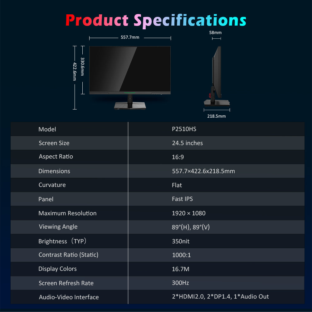 Herný monitor TITAN ARMY P2510HS, 24,5-palcový 1920*1080 CSOT Fast IPS displej, obnovovacia frekvencia 300 Hz, HDR400, 121 % sRGB, doba odezvy 1 ms GTG, Adaptive-Sync, hardvérový režim s nízkym modrým svetlom, herné asistencie, PIP/PBP displej, uchytenie VESA.