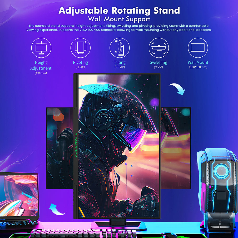 Herný monitor TITAN ARMY P2710S, 27-palcový 2560*1440 16:9 Fast IPS LCD displej, obnovovacia frekvencia 240 Hz, 1 ms GTG, HDR 400, Adaptive-Sync, Dynamic OD, herný režim a 10 režimových scén, režim rozdeleného obrazu PBP a PIP, otočný stojan, možnosť upevnenia na stenu.