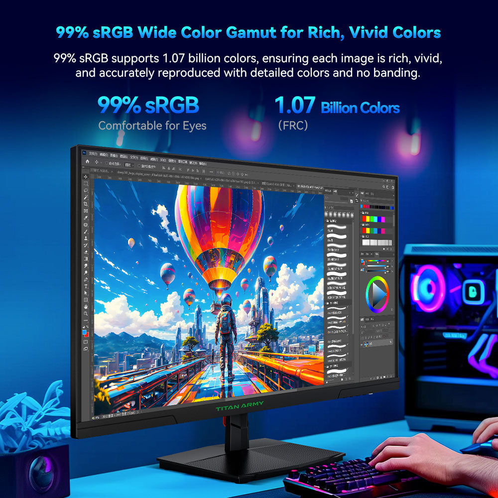 TITAN ARMY P27GR Gaming Monitor, 27-inch 2560*1440 16:9 Fast IPS Screen, 180Hz Refresh Rate, 1ms GTG, 99% sRGB, HDR10, Adaptive-Sync, Gaming Mode, Dynamic OD, PBP &amp; PIP Display, Low Blue Light, Adjustable Tilt, VESA Wall Mounting