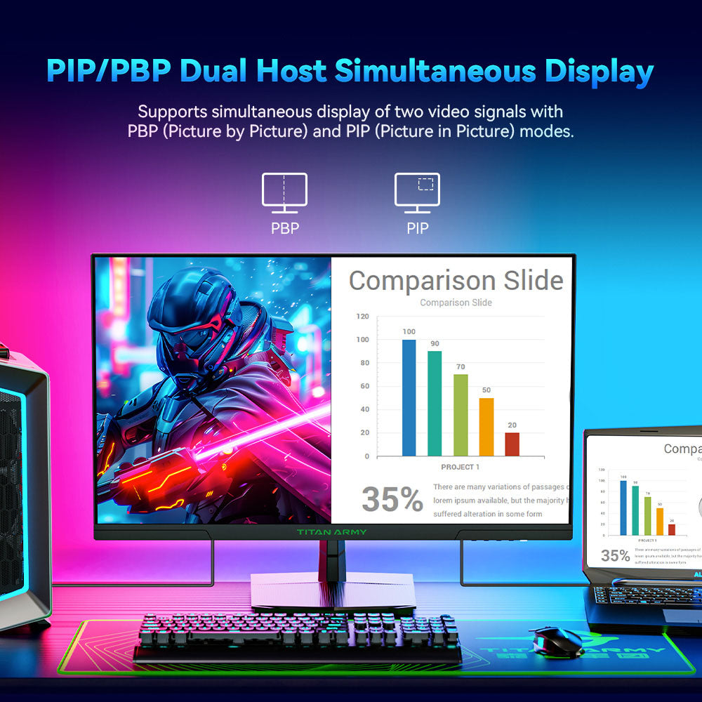 TITAN ARMY P27GR Gaming Monitor, 27-inch 2560*1440 16:9 Fast IPS Screen, 180Hz Refresh Rate, 1ms GTG, 99% sRGB, HDR10, Adaptive-Sync, Gaming Mode, Dynamic OD, PBP &amp; PIP Display, Low Blue Light, Adjustable Tilt, VESA Wall Mounting
