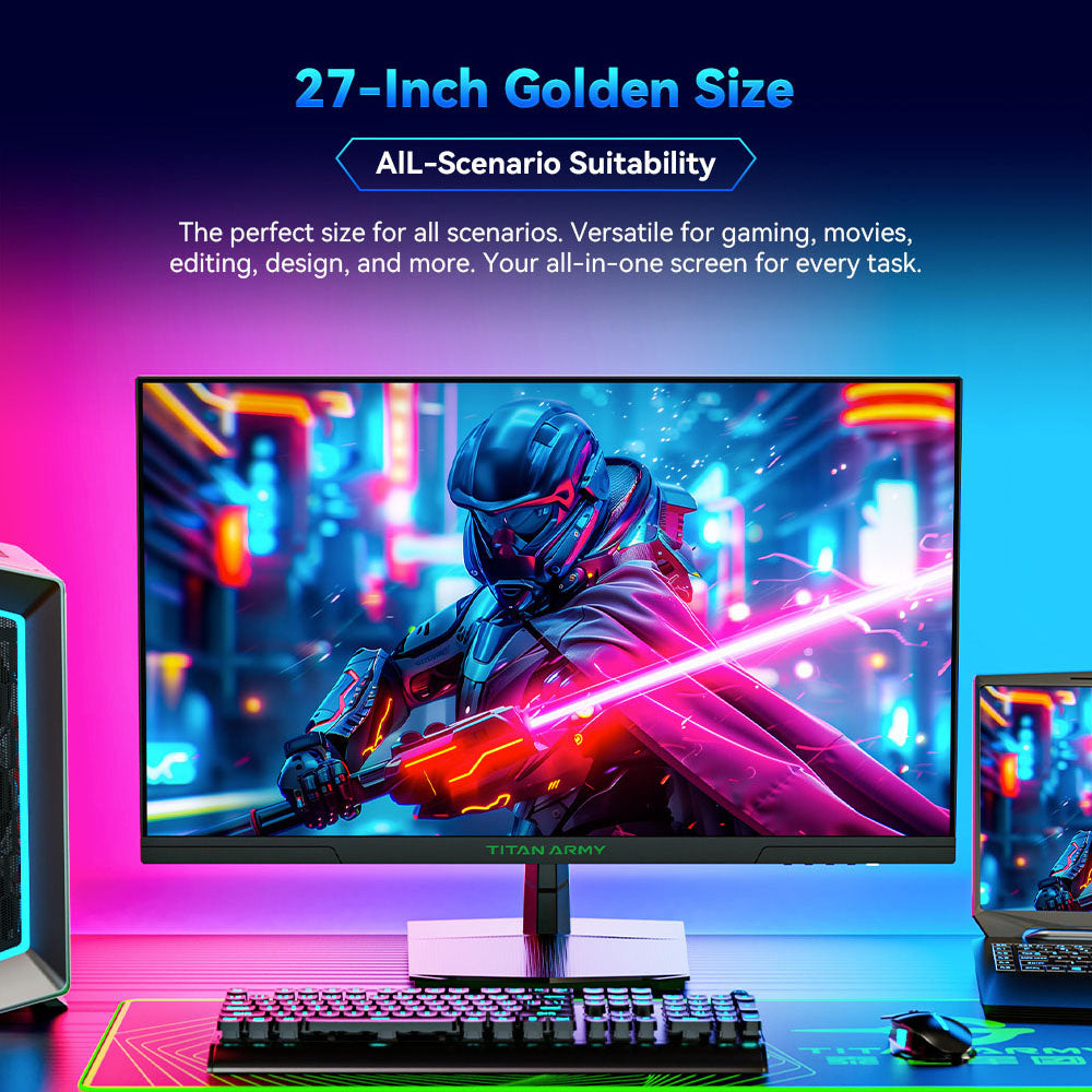 TITAN ARMY P27GR Gaming Monitor, 27-inch 2560*1440 16:9 Fast IPS Screen, 180Hz Refresh Rate, 1ms GTG, 99% sRGB, HDR10, Adaptive-Sync, Gaming Mode, Dynamic OD, PBP &amp; PIP Display, Low Blue Light, Adjustable Tilt, VESA Wall Mounting
