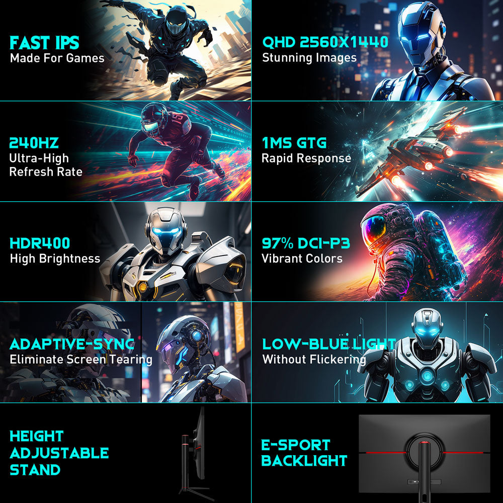 TITAN ARMY P32A2S2 Gaming Monitor, 2560 x 1440 QHD FAST IPS Panel, 240Hz Refresh Rate, HDR400, 1ms GTG, GamePlus Mode, Adaptive Sync, PIP/PBP Split Screen, 2*HDMI 2.1 2*DP 1.4, E-Sport Backlights, Adjustable Stand