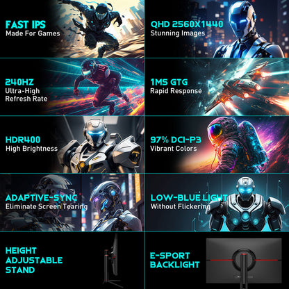 TITAN ARMY P32A2S2 Gaming Monitor, 2560 x 1440 QHD FAST IPS Panel, 240Hz Refresh Rate, HDR400, 1ms GTG, GamePlus Mode, Adaptive Sync, PIP/PBP Split Screen, 2*HDMI 2.1 2*DP 1.4, E-Sport Backlights, Adjustable Stand