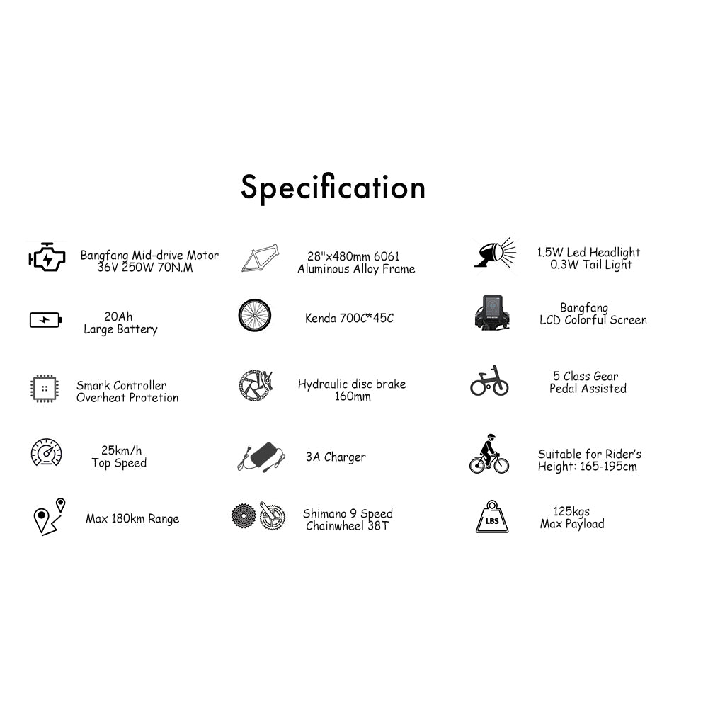 TTGO C7(ZZ-28ST) Electric Bike, 250W BAFANG Mid Drive Motor, 36V 20Ah Battery, 700C*45C Tire, 25km/h Max Speed, 160-180km Range, Hydraulic Disc Brake, Shimano 9-speed, LCD Display - White