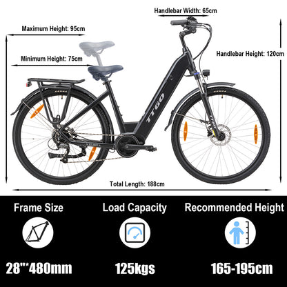 TTGO C7(ZZ-28ST) Electric Bike, 250W BAFANG Mid Drive Motor, 36V 20Ah Battery, 700C*45C Tire, 25km/h Max Speed, 160-180km Range, Hydraulic Disc Brake, Shimano 9-speed, LCD Display - White