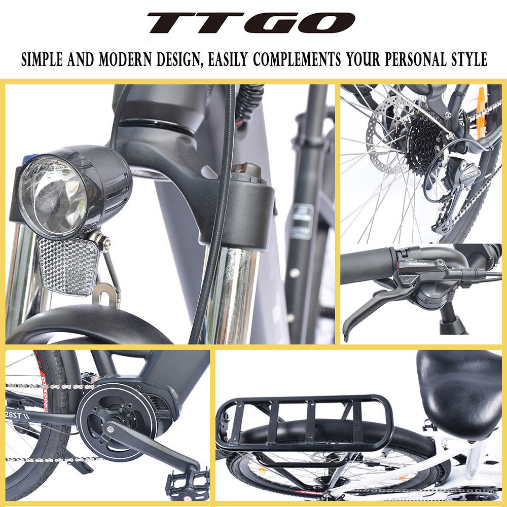 TTGO C7(ZZ-28ST) Electric Bike, 250W BAFANG Mid Drive Motor, 36V 20Ah Battery, 700C*45C Tire, 25km/h Max Speed, 160-180km Range, Hydraulic Disc Brake, Shimano 9-speed, LCD Display - White