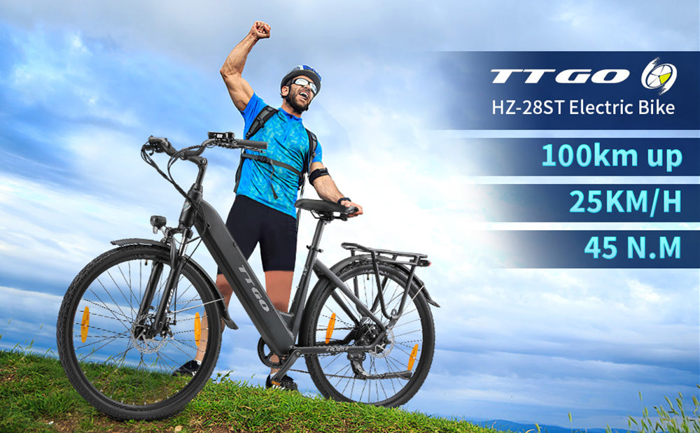 Elektrokol TTGO HZ-28ST, 250W motor, 36V 20Ah batéria, 700C*45C pneumatiky, max. rýchlosť 25 km/h, max. dojazd 100 km, kotúčové brzdy, 7-stupňové radenie Shimano, LCD displej - biela
