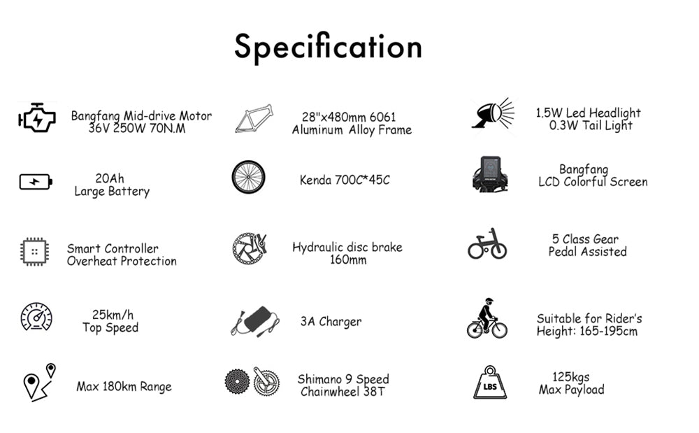Elektrokol TTGO LK-ZZ-28ST, motor 250W, 36V 20Ah batéria, pneumatiky 700C*45C, max. rýchlosť 25 km/h, dojazd 180 km, hydraulické kotúčové brzdy, 9-stupňové radenie Shimano, LCD displej - čierna farba