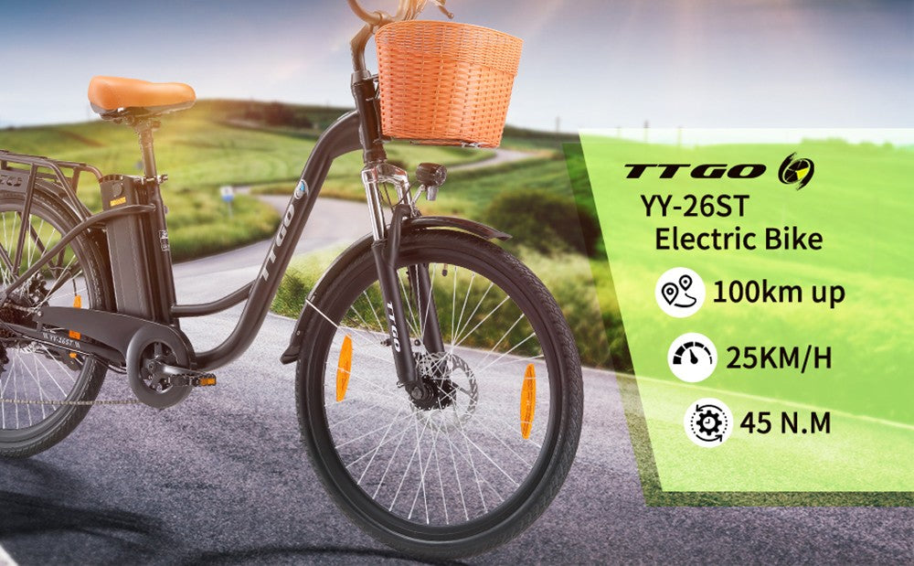 Elektrokol TTGO YY-26ST, 250W motor, 36V 14,5Ah batéria, 26*1,95 palcové pneumatiky, max. rýchlosť 25 km/h, max. dojazd 100 km, kotúčové brzdy, 6-stupňová prevodovka SHIMANO, LED displej - čierna