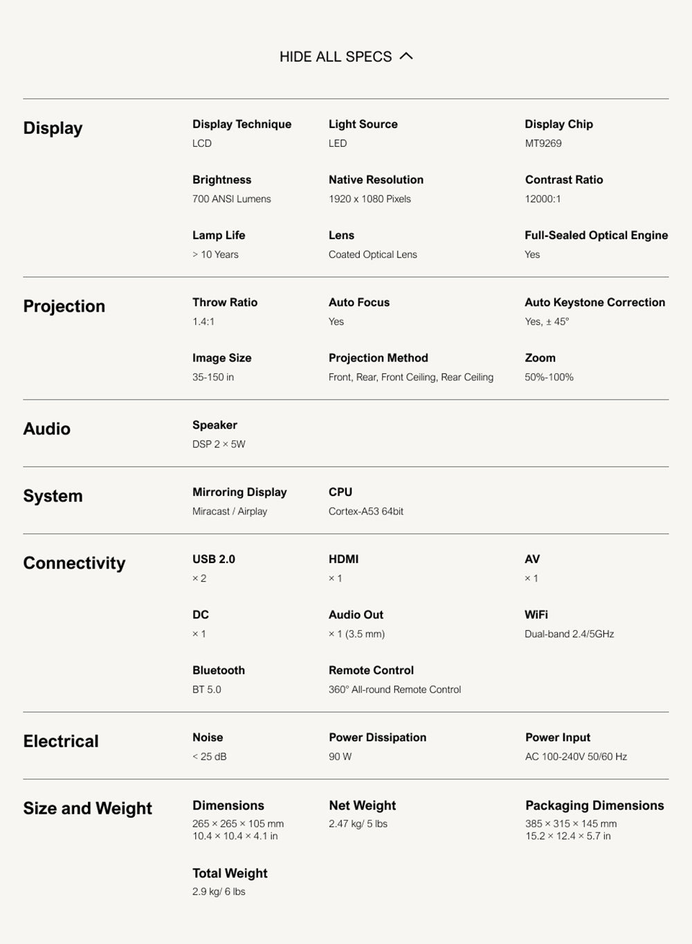 Prenosný projektor ULTIMEA Apollo P10, 300 ANSI, dekódovanie 1080P, natívne rozlíšenie 720P, WiFi 2,4 GHz/5 GHz