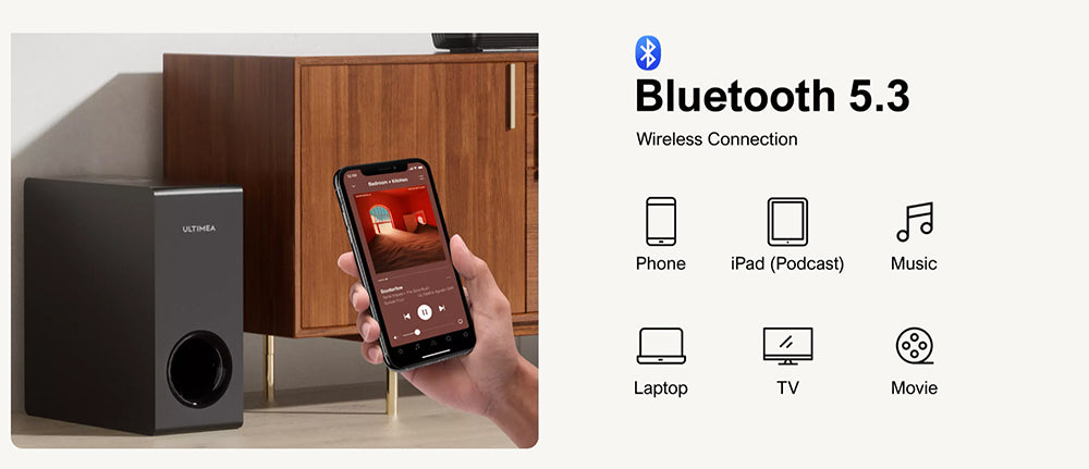 Ultimea Apollo S50 4.1 kanálový odnímateľný soundbar s subwooferom, Bluetooth 5.3, nastaviteľná úroveň basov, 3 režimy ekvalizácie